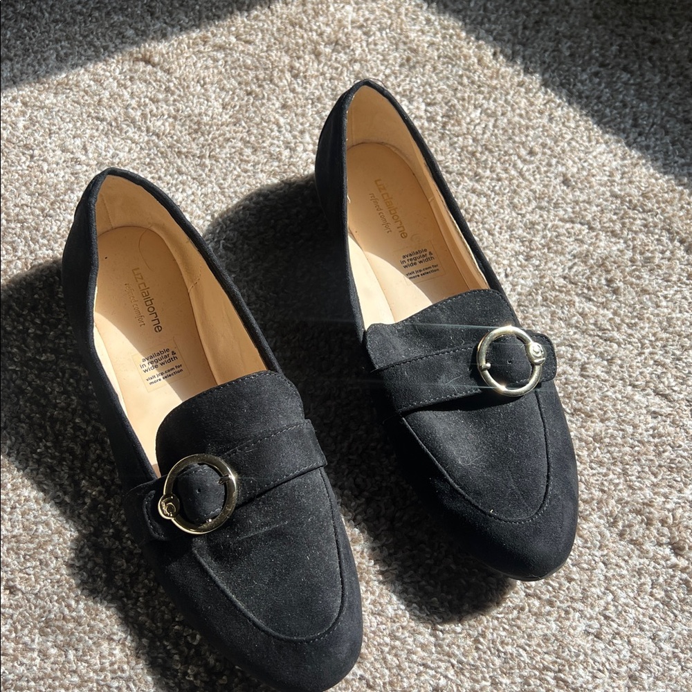Liz Claiborne Black Loafers with Gold Buckle - Picture 3 of 6